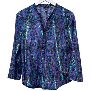 AQUA Purple Print Blouse Size Small Womens Top 3/4 Sleeve Beaded